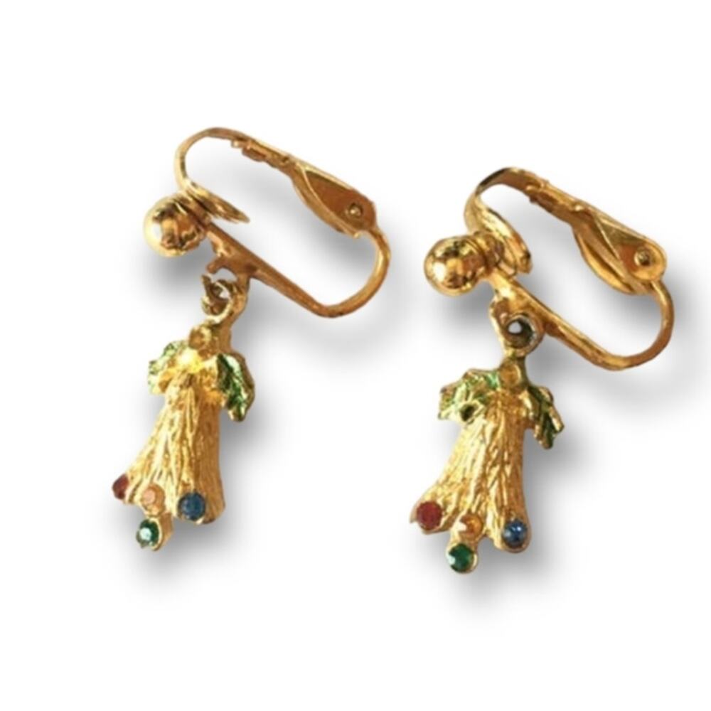 Christmas bells - gold tone clip on earrings